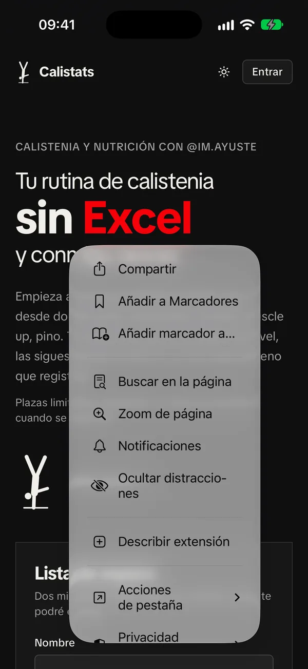 Menú de Safari con Compartir el primero