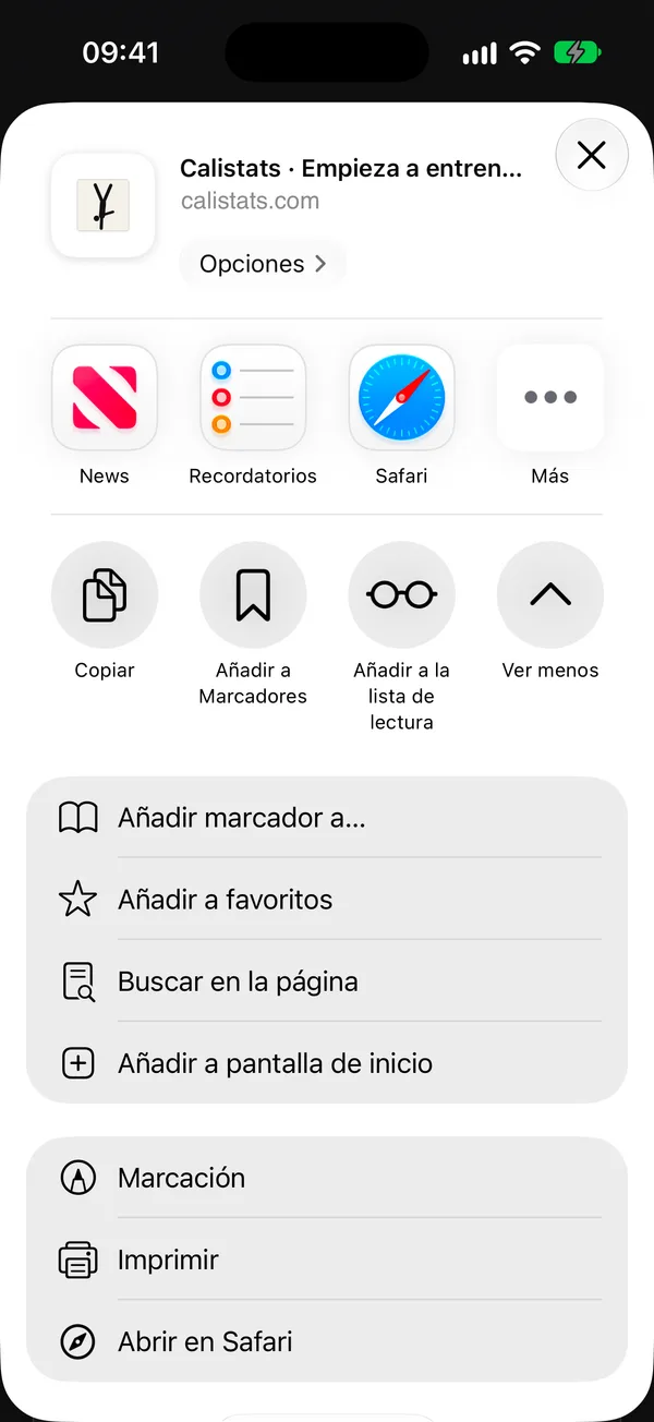 Lista de opciones con Añadir a pantalla de inicio